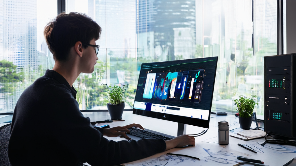 阳光明媚的工作室内，年轻的创作者使用Google Veo 3 FAST/TURBO模式高效生成AI视频，窗外是绿意盎然的城市景观。
