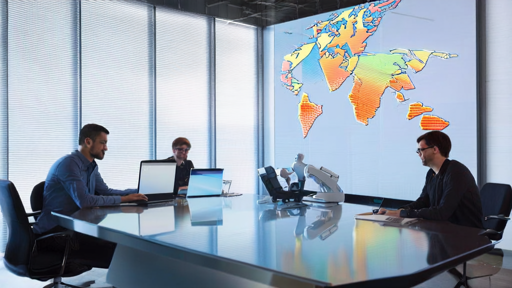 A modern office showcasing the application of DeepSeek R1 model, emphasizing the role of AI technology in global customer acquisition.