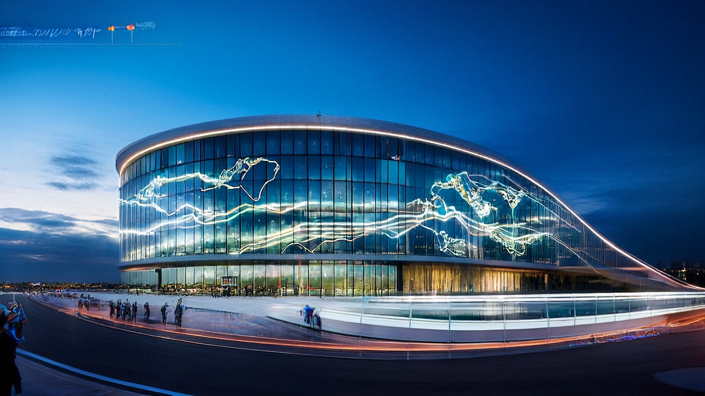 Modern independent station office building in a futuristic city, showcasing the scene of AI keyword optimization and cross-border e-commerce traffic growth