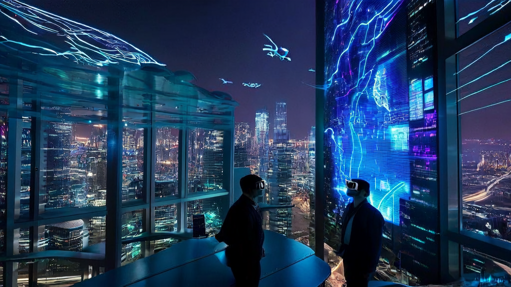 In a futuristic city, employees of a cross-border e-commerce company use AI tools for precise customer acquisition and ad targeting, with drones buzzing outside in busy logistics channels.