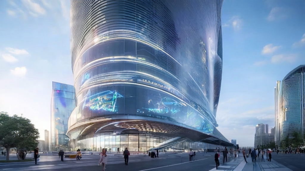 未来城市的现代化办公楼展示了AI关键词优化在跨境电商中的应用，背景为微软标志性建筑。