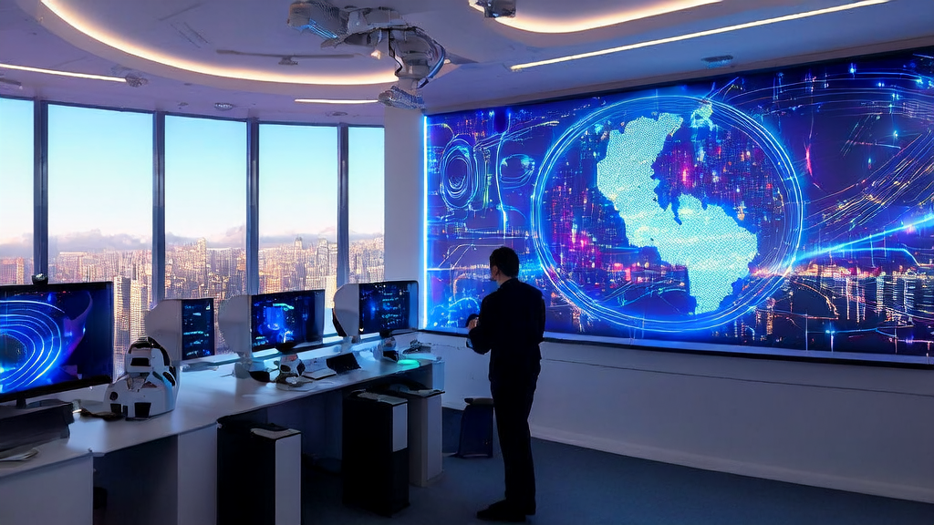 In a futuristic office, entrepreneurs are discussing AI acquisition strategies for cross-border e-commerce in 2025, with a global market map displayed on the wall.