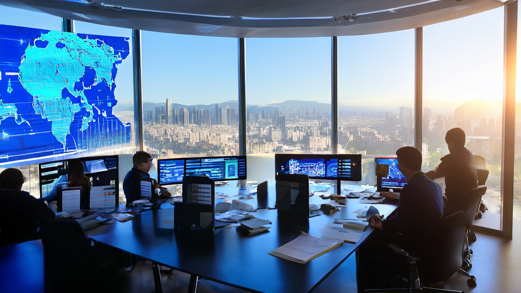A modern office bathed in sunlight, where engineers are discussing AI keyword optimization strategies, with a world map on the wall highlighting key nodes of cross-border e-commerce markets.