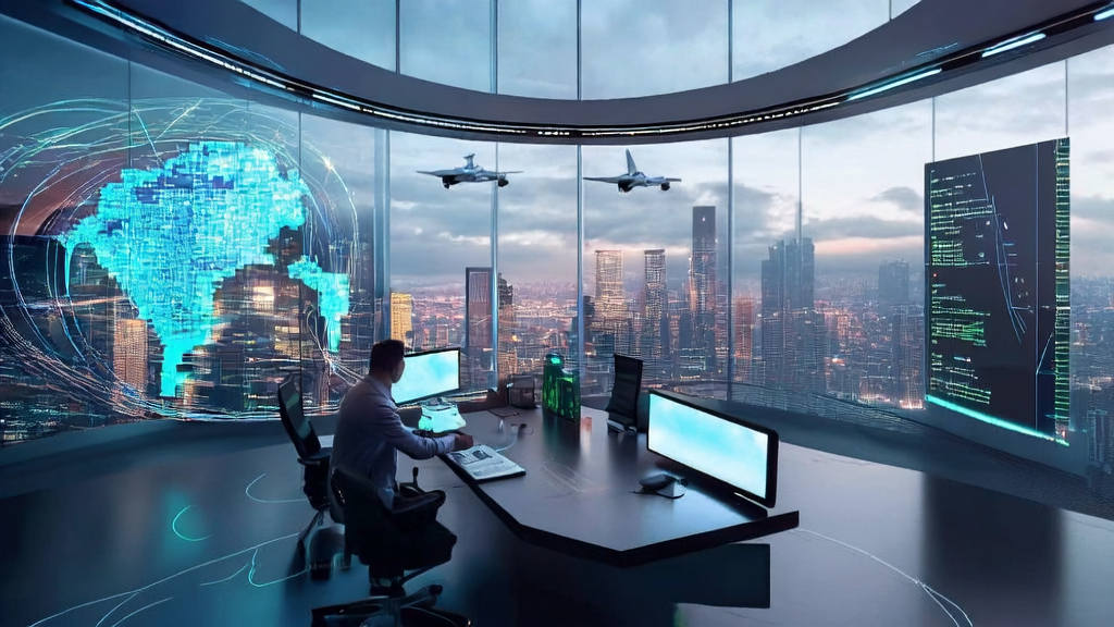 未来办公室中，年轻的创业者使用AI邮件自动化工具进行全球业务拓展