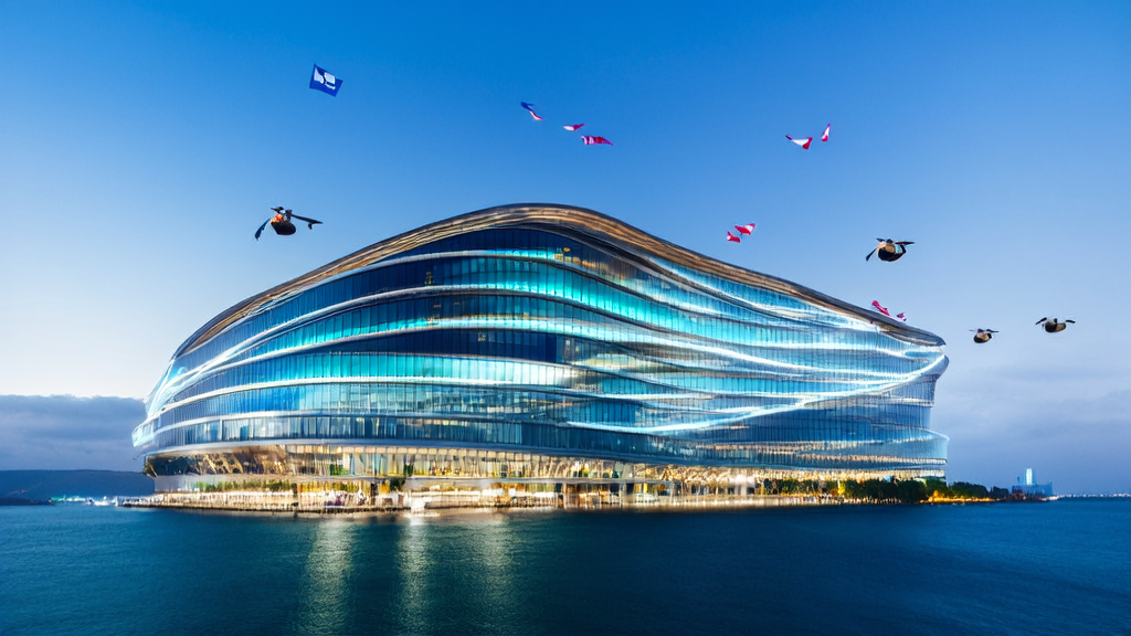 AI robots processing global orders and customer needs inside a cross-border commerce building, with real-time data analysis and market dynamics displayed on screens