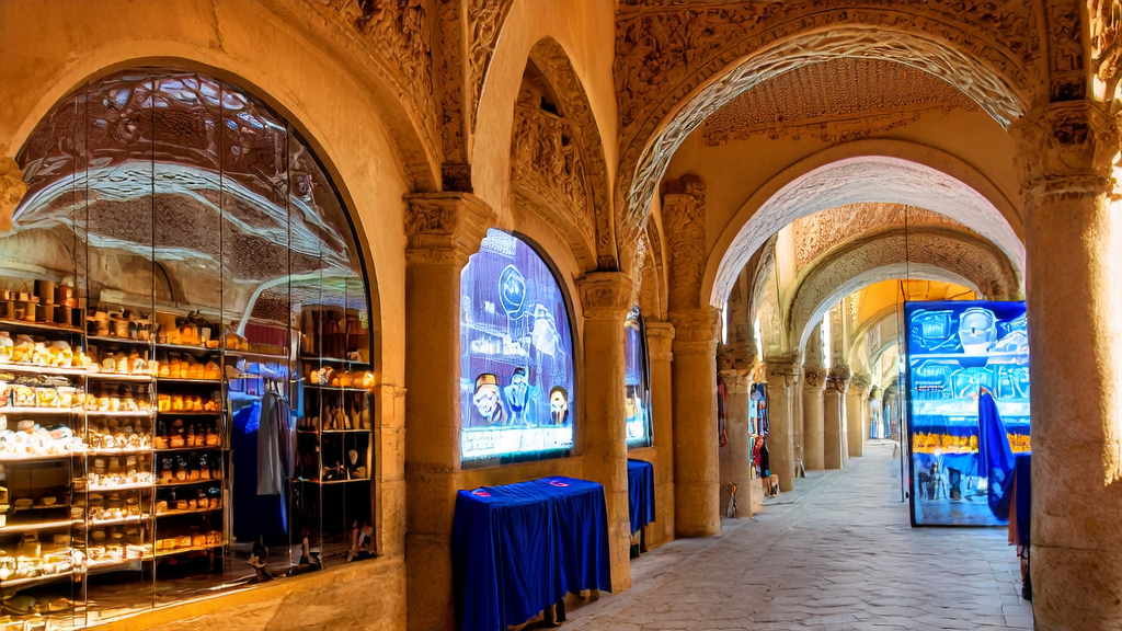 A bustling Middle Eastern market street with a cross-border e-commerce store featuring AI-powered customer service robots and multilingual advertising screens