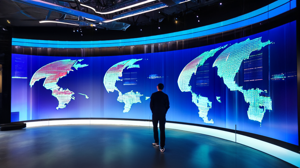 In a futuristic office, an entrepreneur uses AI technology for efficient customer acquisition, including keyword optimization, automated email marketing, and audio video generation.