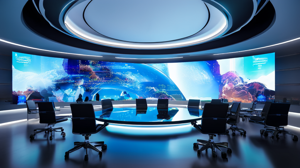 未来科技感十足的办公室中，跨境电商从业者利用火山引擎的AI工具进行高效客户获取