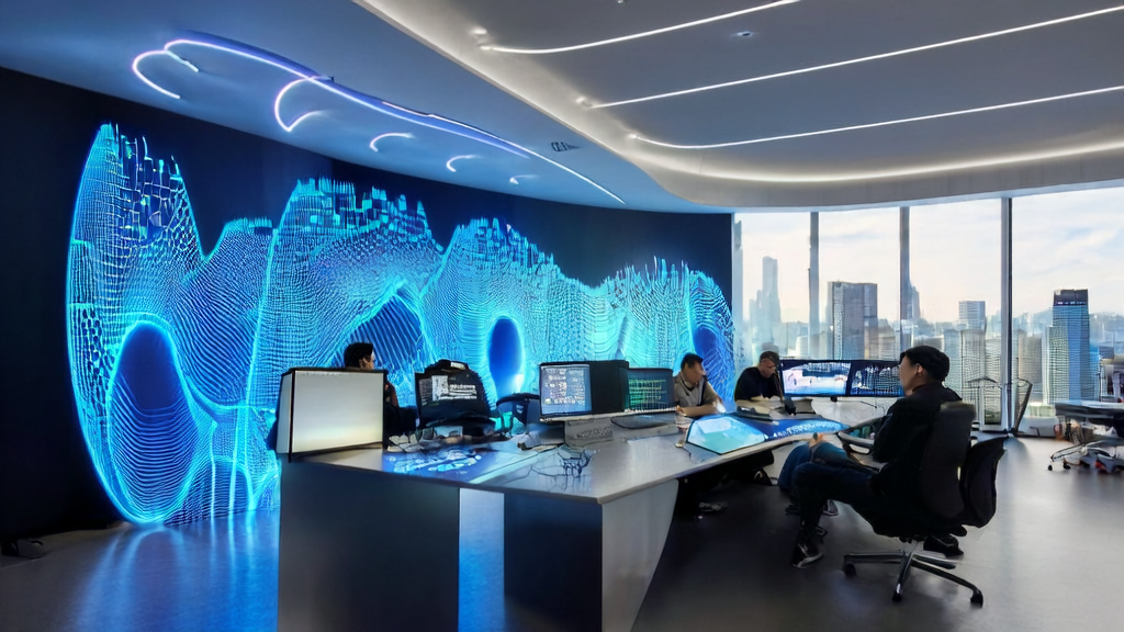 In a futuristic office, programmers use AI programming models to analyze manufacturing customs data and discuss cross-border e-commerce growth strategies