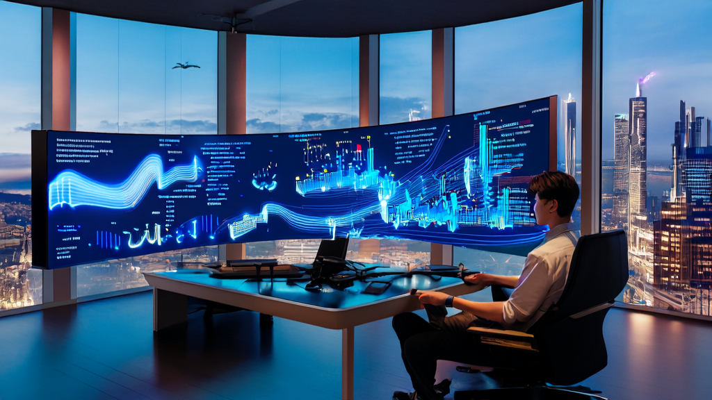 年轻创业者使用Perplexity Comet进行跨境电商自动化营销，窗外是繁华的城市景象