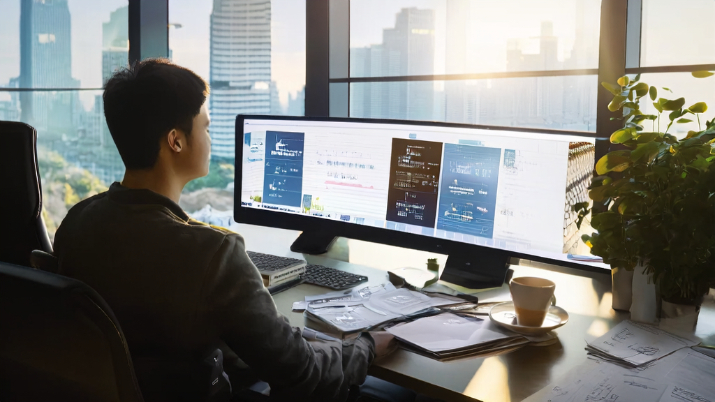 An entrepreneur using JD's self-developed "JingDiandian AI Copywriting" tool for email marketing in an office