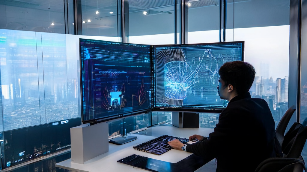 现代化办公空间中的创业者使用AI技术进行跨境电商自动化营销策略分析