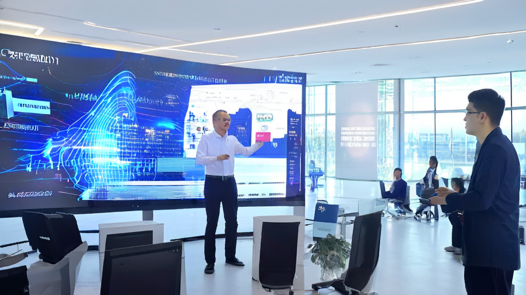 E-commerce business leader showcasing AI technology for customer acquisition, team working efficiently