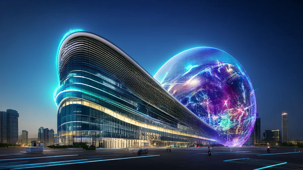 In a futuristic city, a cross-border e-commerce team uses AI technology for multilingual marketing, customer prediction, and ad optimization to achieve breakthrough growth.