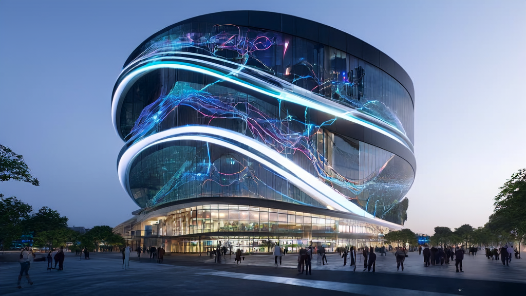 A modern cross-border e-commerce building in a futuristic city, showcasing the application of AI technology in customer acquisition and security保障