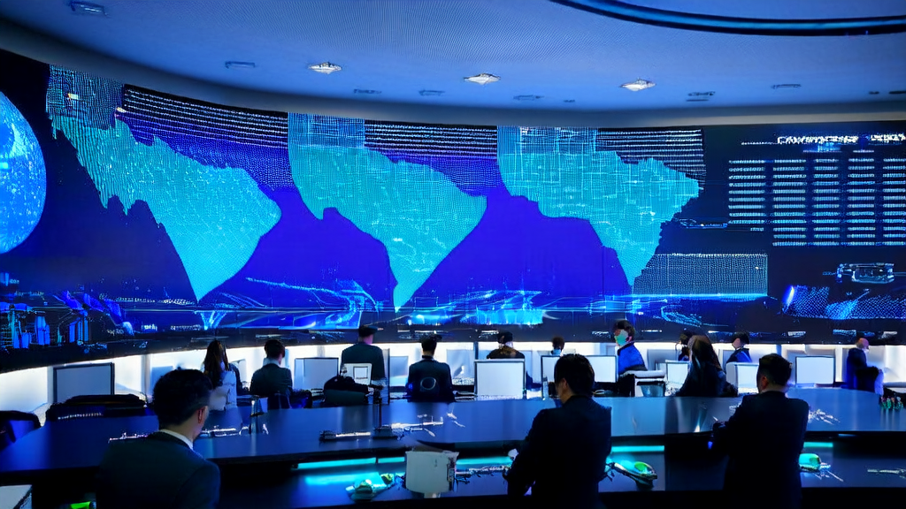 In a modern cross-border e-commerce control center, analysts use AI tools to analyze global market trends and customer behavior, with intelligent robot assistants delivering the latest reports, symbolizing global business coverage with a rotating virtual globe.