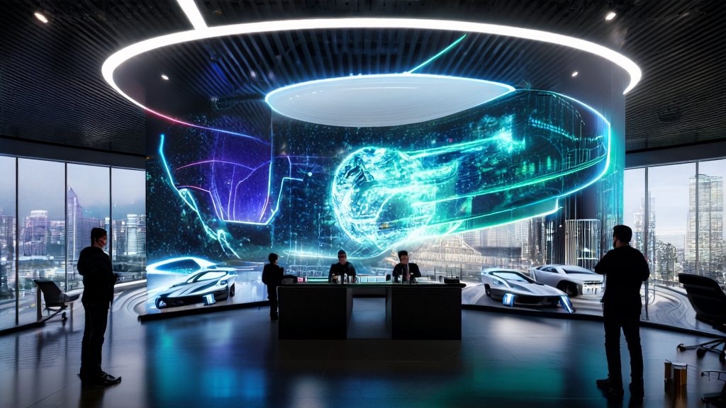 未来城市的高科技公司办公室内,员工们正在分析2025年跨境电商AI获客新趋势的数据。