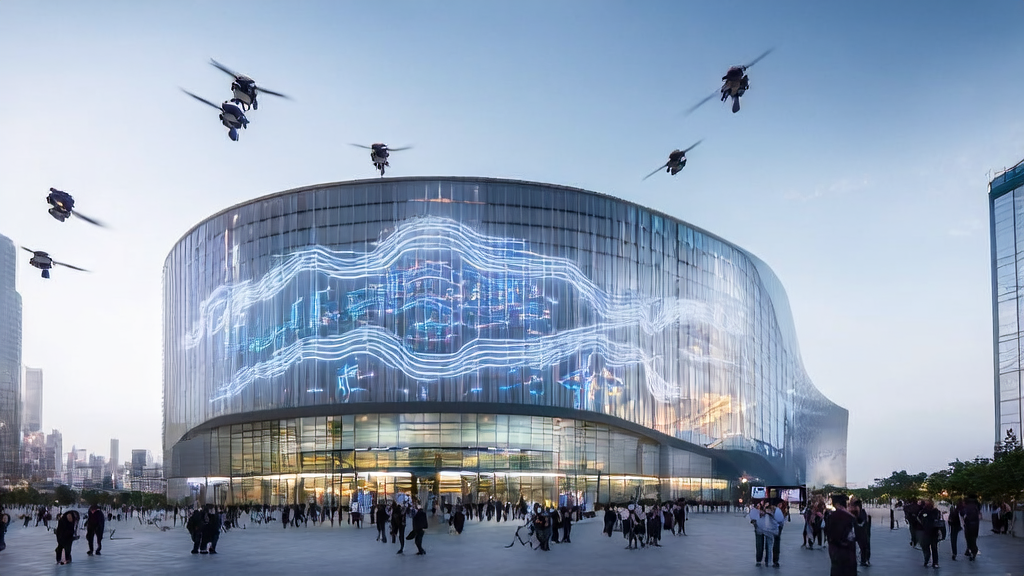 未来城市的跨境电商公司总部，展示最新的AI技术应用成果，如生成式AI、客户预测模型和超个性化邮件营销。