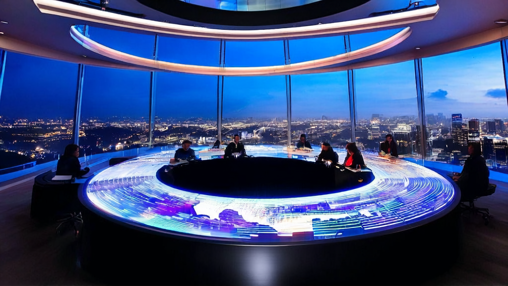 未来城市中的跨境电商企业家们正在讨论2025年AI获客新趋势，背景是繁华的城市夜景。