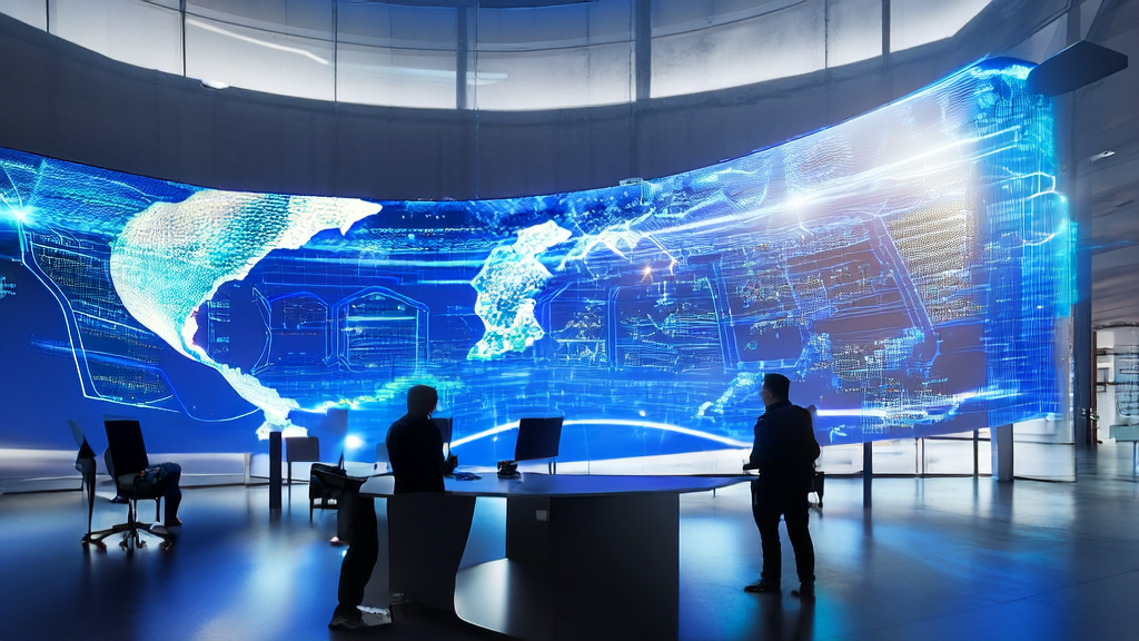 未来感办公室中技术人员使用AI系统分析全球市场和客户行为,展示科大讯飞星火 X1.5模型工作状态