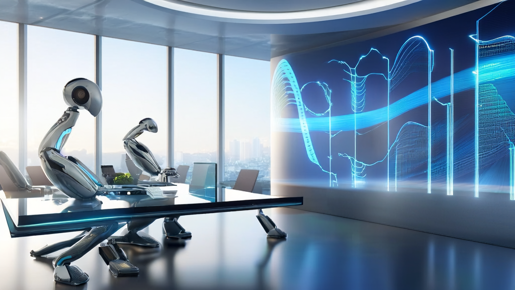 In a futuristic office, intelligent robots are processing AI keyword optimization data, with charts on the wall showing a surge in cross-border e-commerce traffic.