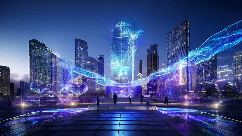 Future cityscape highlighting AI customer acquisition trends in cross-border e-commerce, featuring a modern e-commerce hub and holographic interaction