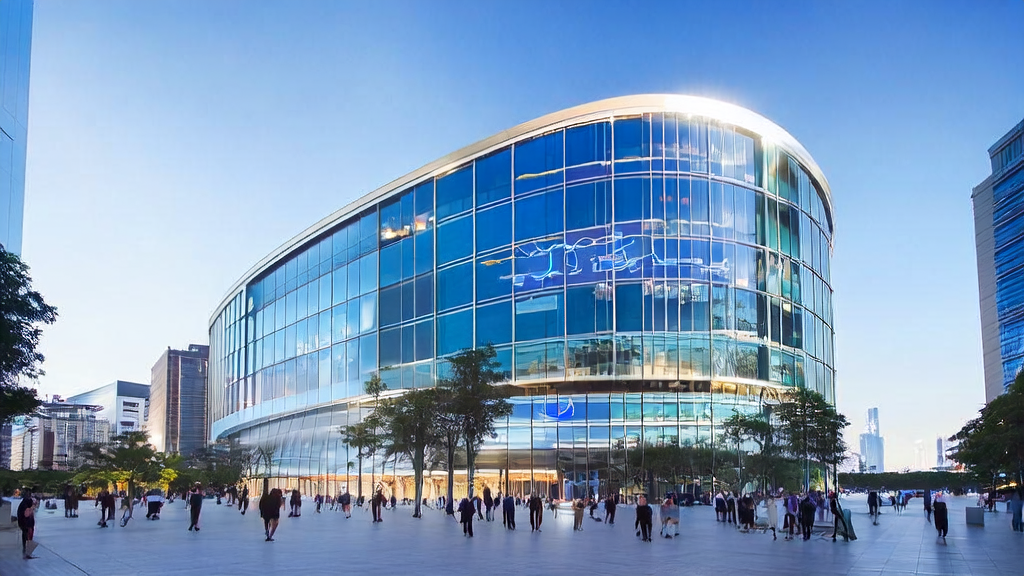 阳光下的跨境电商办公大楼，员工们使用AI邮件自动化工具进行高效营销管理