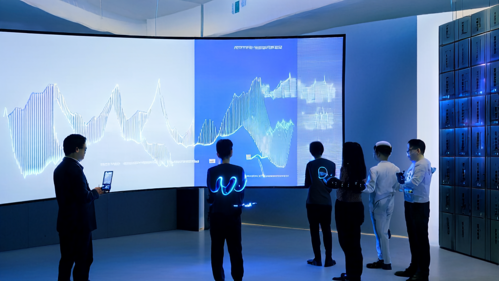 In a modern office, a team uses AI technology to optimize cross-border e-commerce email marketing, showing data charts and an intelligent robot simulating the email sending process.