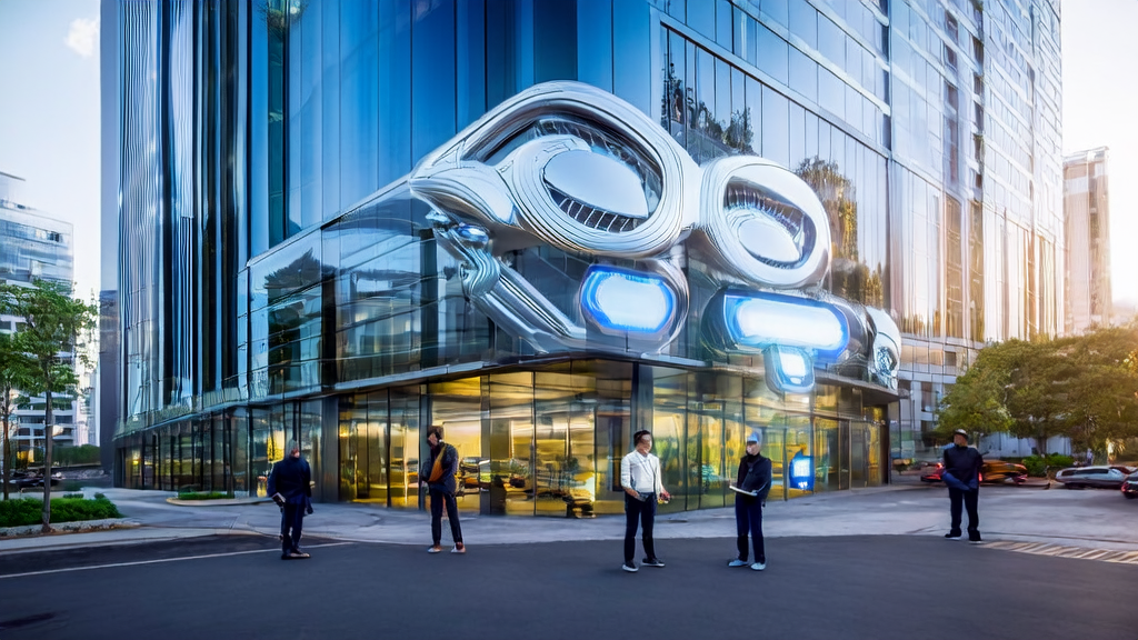 Programmers discussing AI-driven cross-border e-commerce email marketing in front of a modern office building with a large AI robot sculpture on the rooftop.