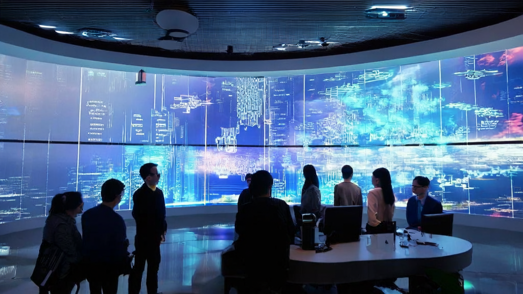 Cross-border e-commerce entrepreneurs discussing AI customer acquisition trends for 2025 and the applications of Tencent's HY-Motion1.0 project in a futuristic cityscape