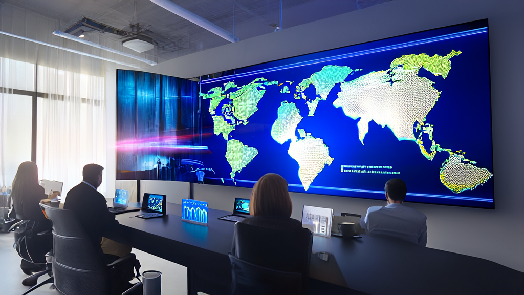 跨境电商团队在现代化办公室中利用AI关键词优化技术提升搜索引擎流量