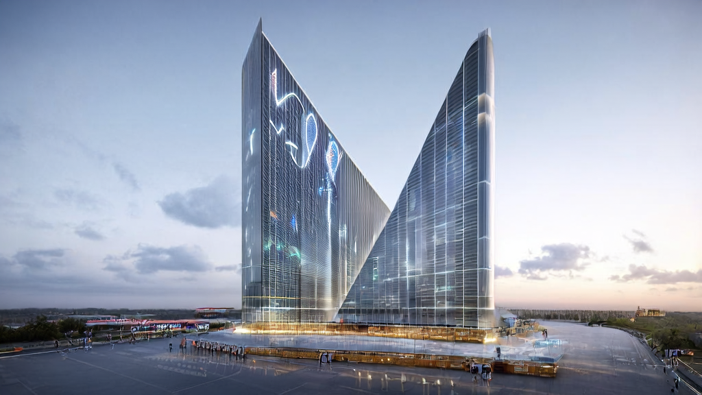 In a futuristic city, an intelligent robot processes AI-powered email automation tasks inside a cross-border e-commerce skyscraper, with a bustling port and skyline visible through the windows.