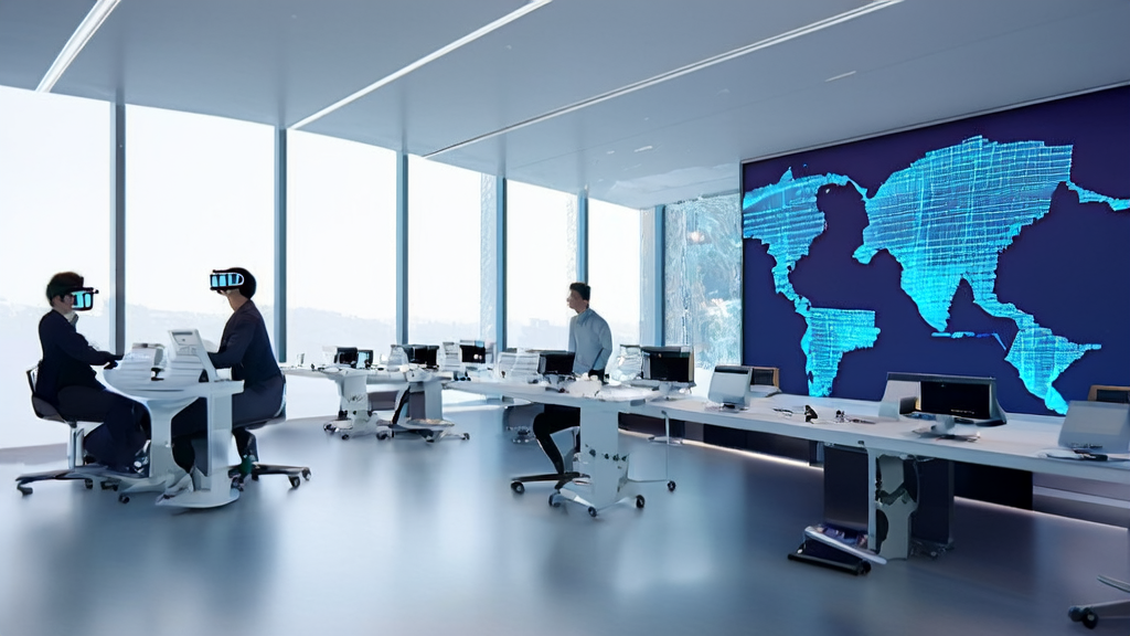 Employees in a cross-border e-commerce office using AI-driven tools for automated marketing to enhance global business efficiency