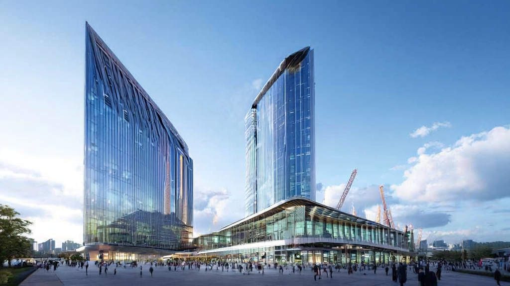 In front of a modern cross-border e-commerce independent station building in a futuristic city, people bustle through a busy square, with Musk's xAI expansion building "MACROHARDRR" under construction in the background, symbolizing the development of AI technology and industry breakthrough.