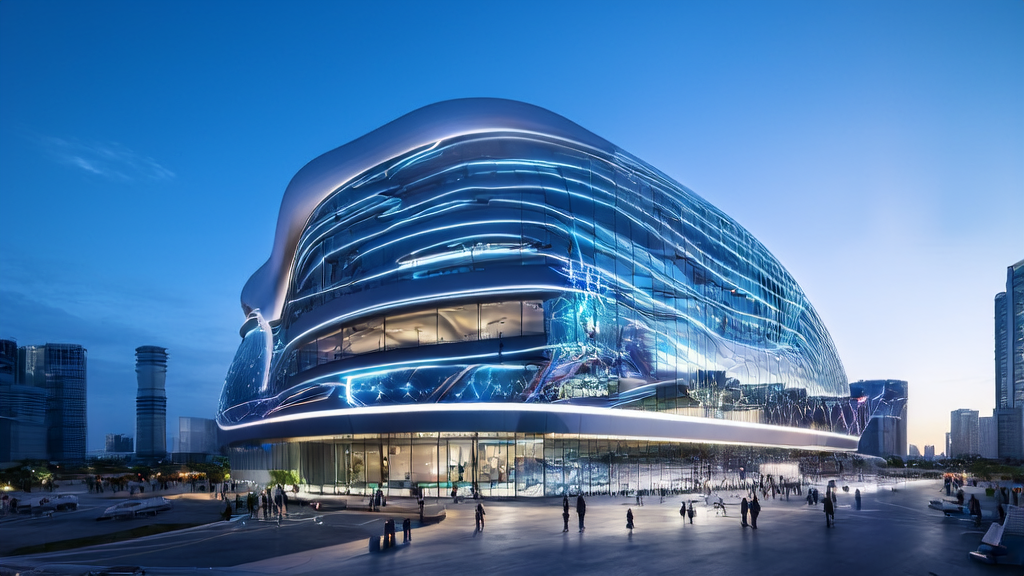 未来城市的现代化办公大楼展示AI技术和跨境电商成功案例