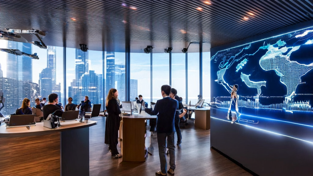 In a futuristic office, a cross-border e-commerce team uses AI technology to optimize email automation tools and boost sales conversion rates