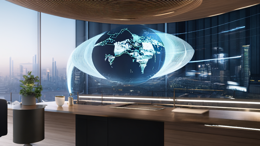 Futuristic office showcasing AI applications in cross-border e-commerce