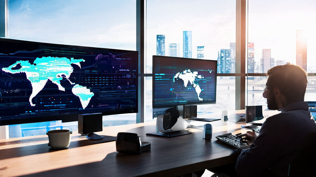 阳光照射下的现代化办公室,程序员专注工作,展示跨境电商自动化营销工具和数据分析