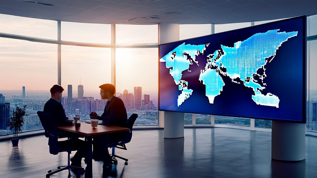 In the bright morning, an entrepreneur in a cross-border e-commerce office focuses on analyzing AI data with a world map highlighting key markets on the wall.