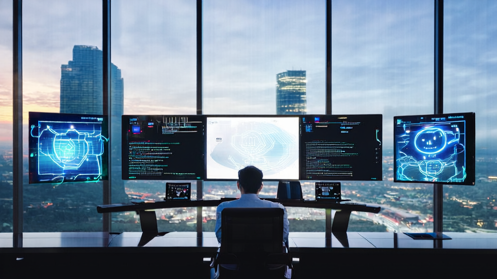 未来跨境电商办公室中,创业者使用灵光网页版AI助手编写个性化邮件,窗外是繁忙的城市景象。