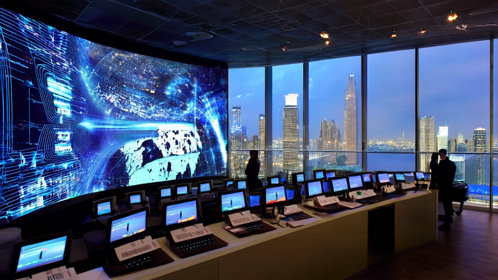 跨境电商办公室内，员工使用自动化工具进行邮件营销，大屏幕显示全球客户反馈和销售数据