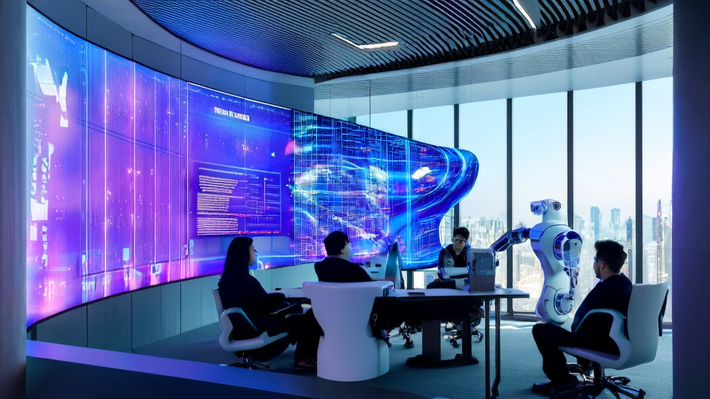 A cyberpunk-style modern office where employees are achieving precise customer acquisition through the Youtu-Agent intelligent robot