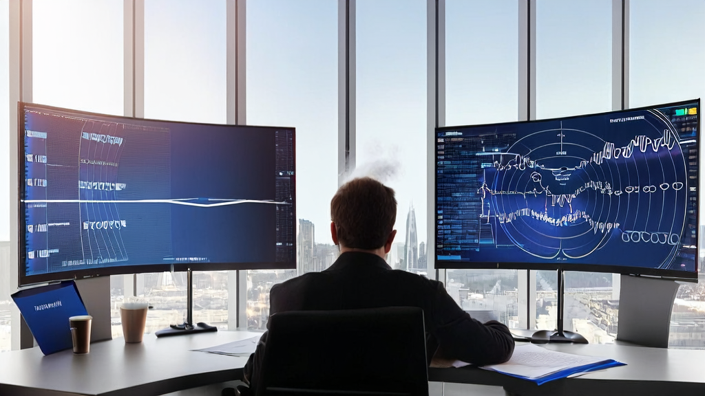 A data analyst in a modern office analyzing AI email marketing data with an EU flag and cityscape background