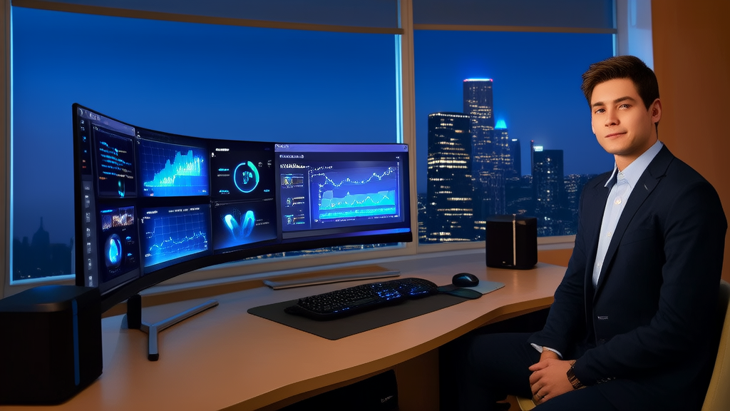 Data analyst in a modern office analyzing Twitter data and YouTube AI-generated highlight videos