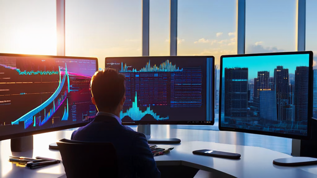 A data analyst in a modern office using AI technology and Twitter data analysis to identify potential customers, with the new Apple FastVLM model displayed on an iPhone