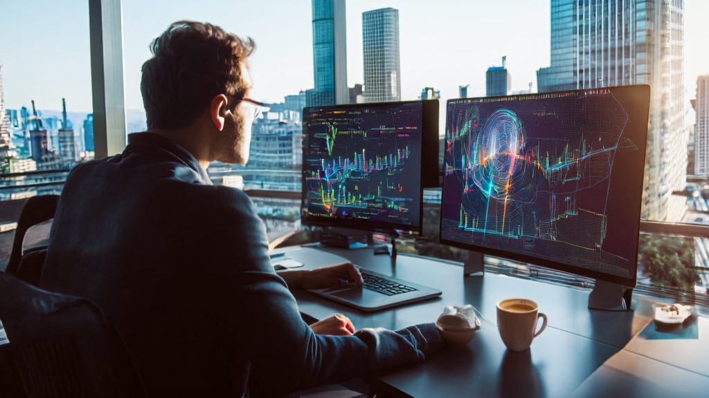 Data analyst using AI technology for customer data analysis in a modern office