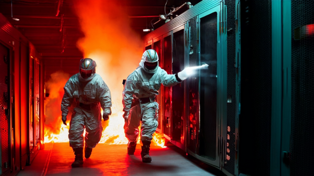 Data center fire scene with emergency responders extinguishing the blaze to protect critical data equipment