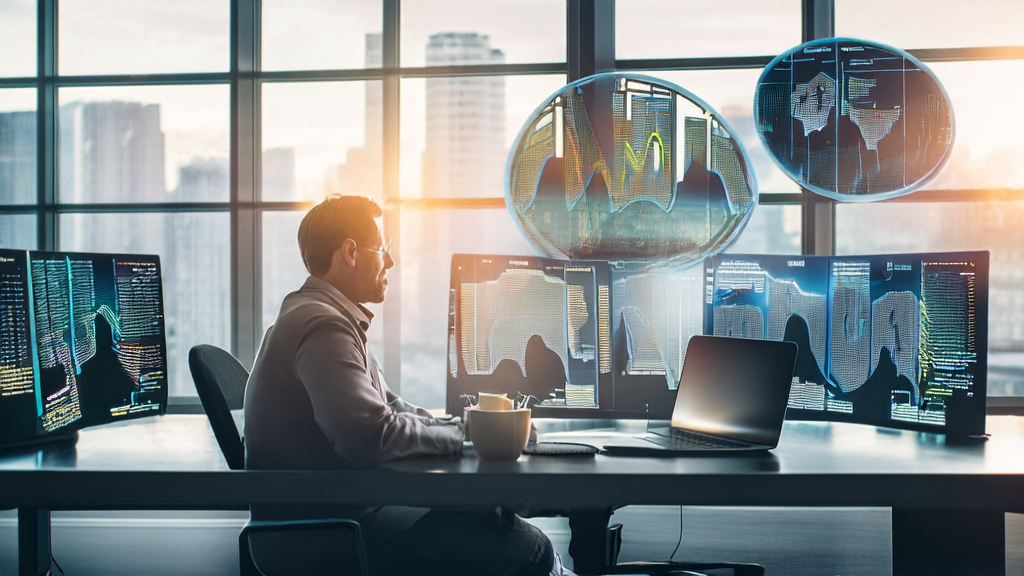 Data scientist monitoring AI predictive model in a modern office
