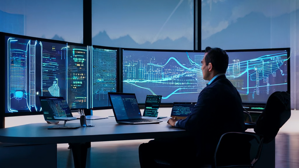 A data scientist analyzing customer behavior with AI email marketing tools in a modern office with a city night view