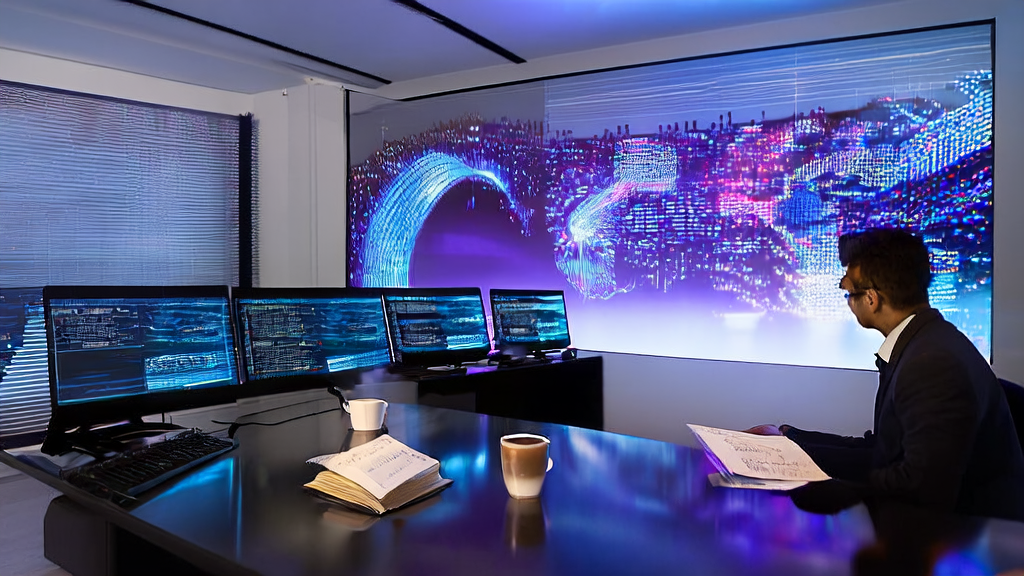 A data scientist in a modern office using AI technology to optimize advertising strategies